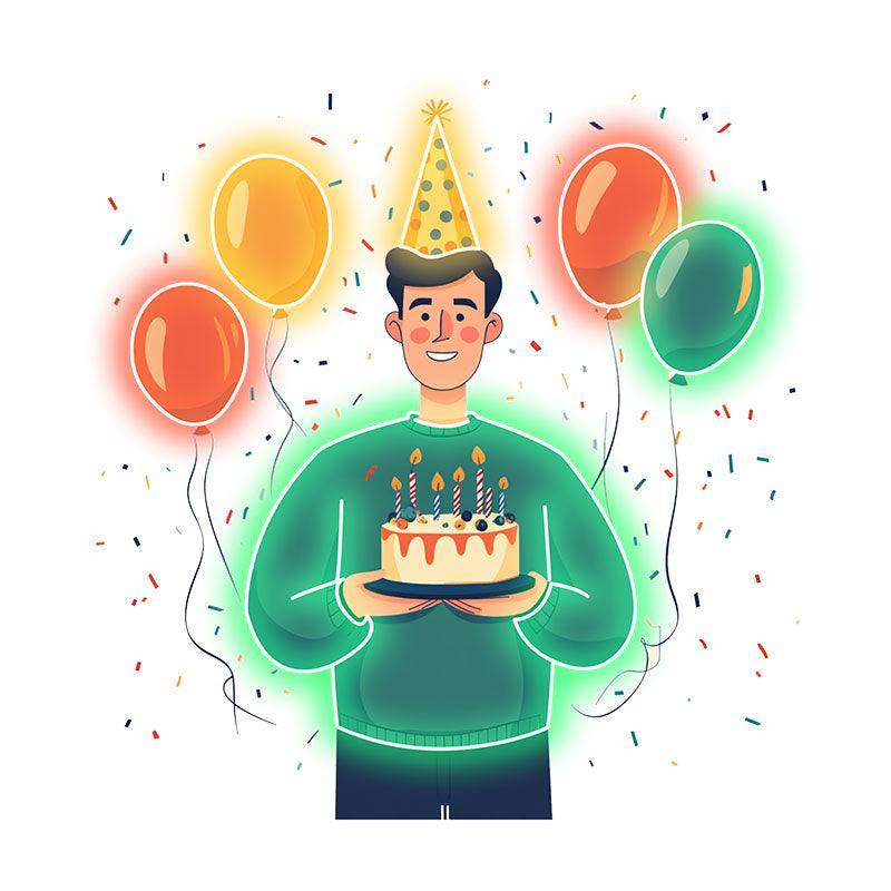 Man Wearing Hat Holding Birthday Cake Neon signs | LED Decoration Lights | Floating Balloon Birthday Wishes | Creative Party Favors