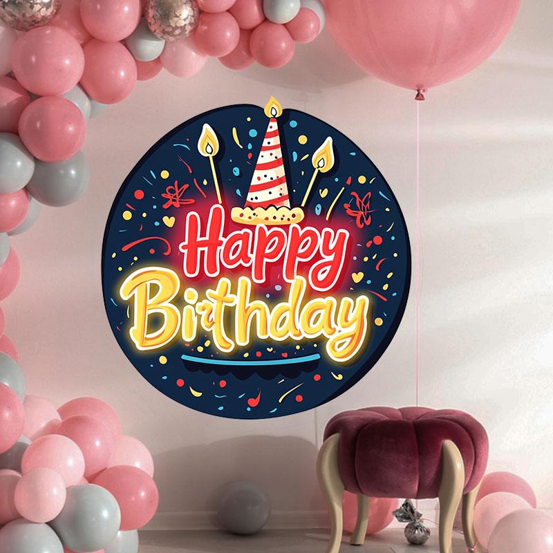 Round Happy Birthday Neon signs| LED Decoration Lights | Atmosphere Candle & Cake Design | Creative Birthday Party Decoration