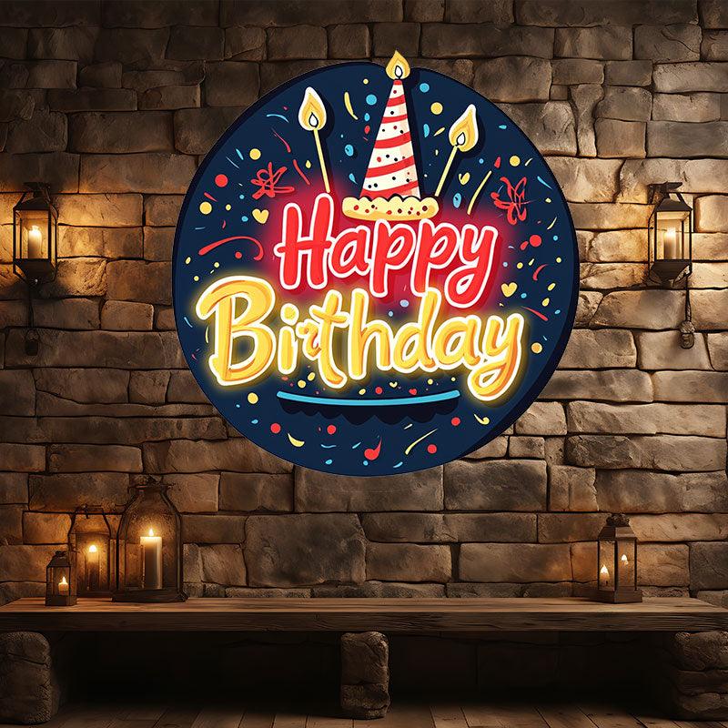 Round Happy Birthday Neon signs| LED Decoration Lights | Atmosphere Candle & Cake Design | Creative Birthday Party Decoration