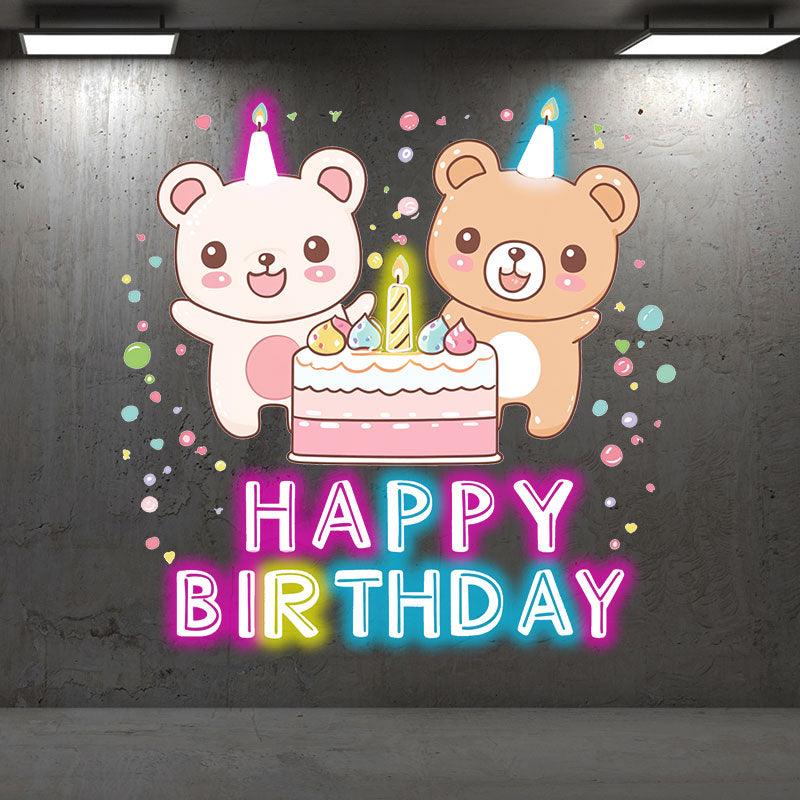 Two Bears Around Cake Birthday Blessing Neon sign Lights | LED Decoration Lights | Cute Birthday Party Decoration | Creative Gifts