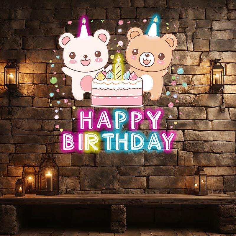 Two Bears Around Cake Birthday Blessing Neon sign Lights | LED Decoration Lights | Cute Birthday Party Decoration | Creative Gifts