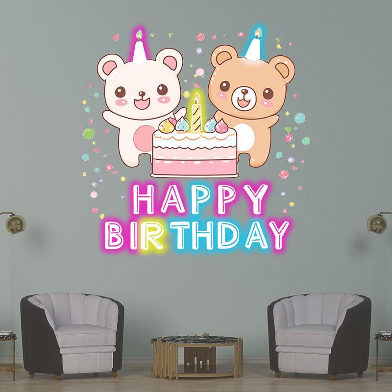 Two Bears Around Cake Birthday Blessing Neon sign Lights | LED Decoration Lights | Cute Birthday Party Decoration | Creative Gifts
