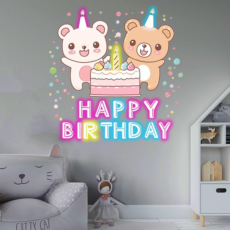 Two Bears Around Cake Birthday Blessing Neon sign Lights | LED Decoration Lights | Cute Birthday Party Decoration | Creative Gifts