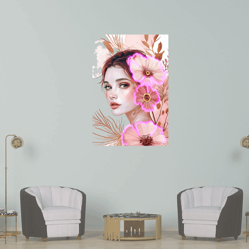 Stylish European and American Beauty Side Face Neon signs Lights - LED Decorative Lights Surrounded by Pink Flowers, Personalized Home and Creative Space Lighting
