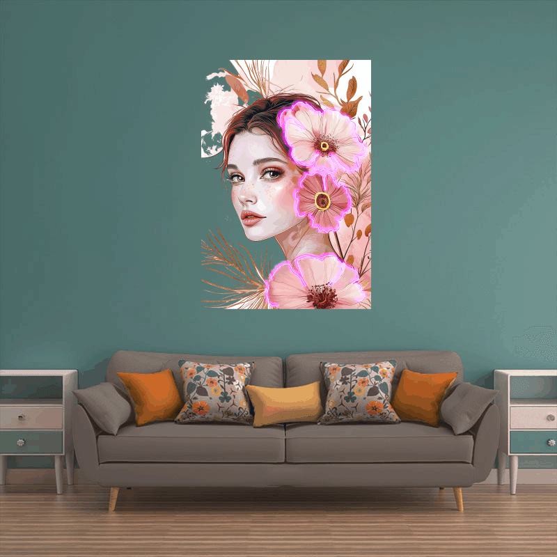 Stylish European and American Beauty Side Face Neon signs Lights - LED Decorative Lights Surrounded by Pink Flowers, Personalized Home and Creative Space Lighting