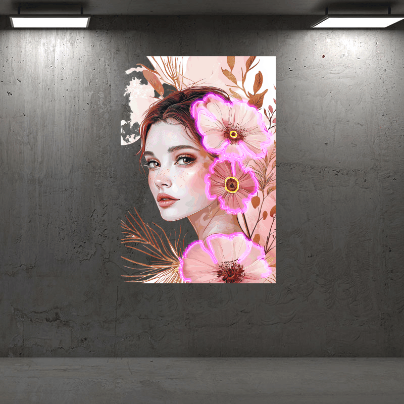 Stylish European and American Beauty Side Face Neon signs Lights - LED Decorative Lights Surrounded by Pink Flowers, Personalized Home and Creative Space Lighting