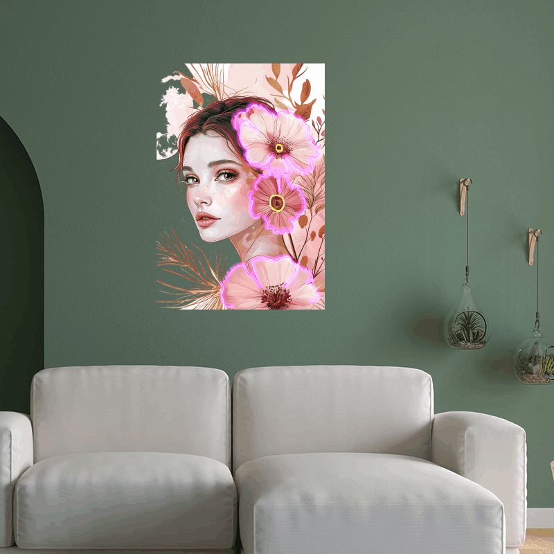 Stylish European and American Beauty Side Face Neon signs Lights - LED Decorative Lights Surrounded by Pink Flowers, Personalized Home and Creative Space Lighting