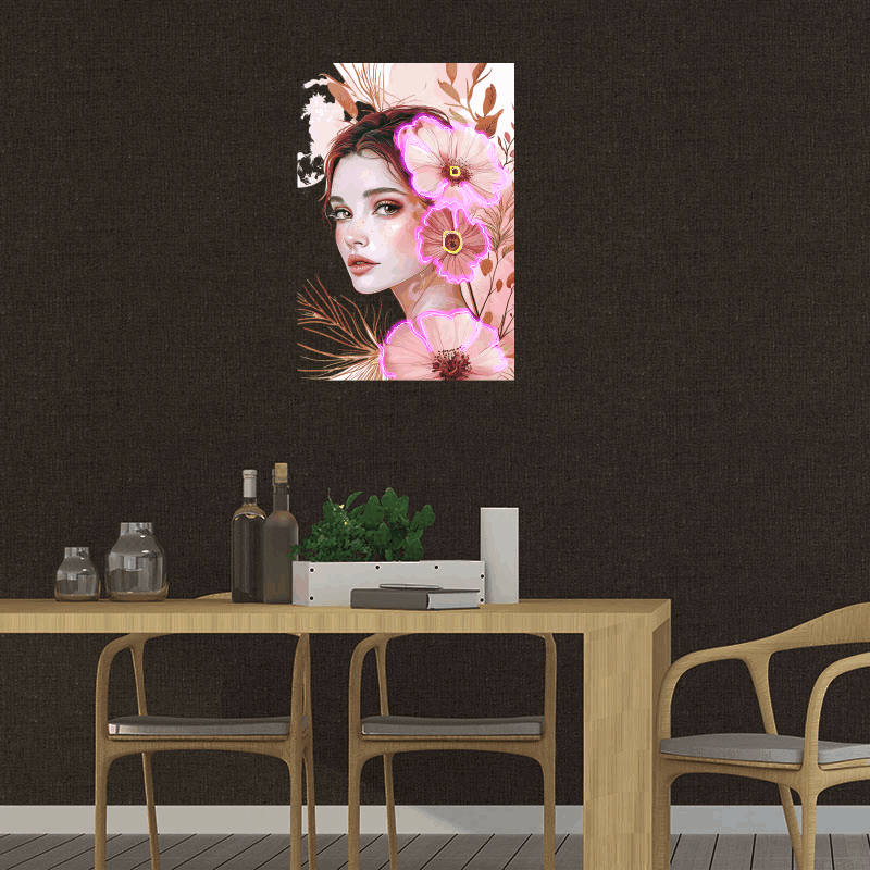 Stylish European and American Beauty Side Face Neon signs Lights - LED Decorative Lights Surrounded by Pink Flowers, Personalized Home and Creative Space Lighting