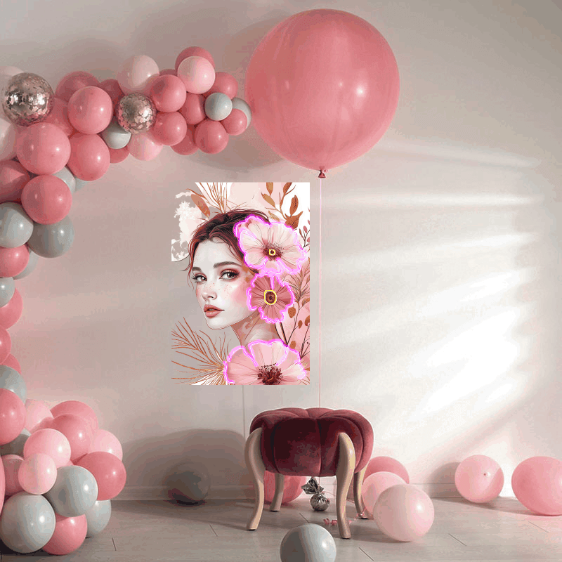 Stylish European and American Beauty Side Face Neon signs Lights - LED Decorative Lights Surrounded by Pink Flowers, Personalized Home and Creative Space Lighting