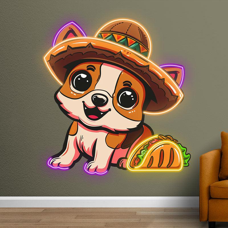 Cute Puppy Neon signs Lights - LED Lights with Hat Smile Next to Burger Design, Creative Home Decor, Perfect Party Vibe