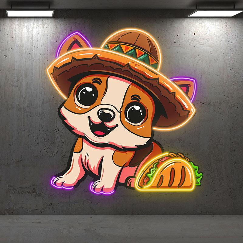 Cute Puppy Neon signs Lights - LED Lights with Hat Smile Next to Burger Design, Creative Home Decor, Perfect Party Vibe