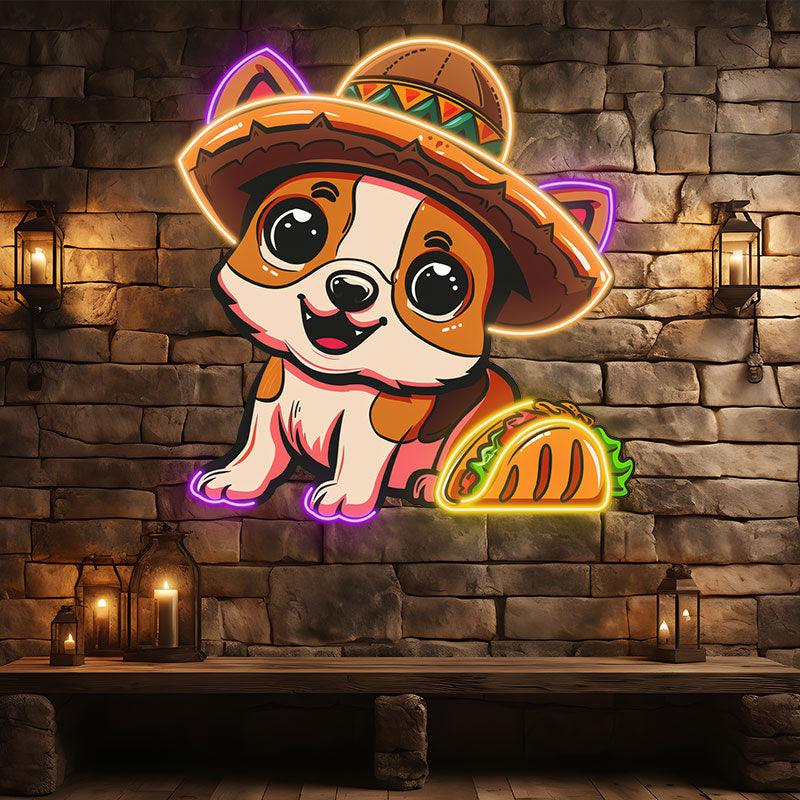 Cute Puppy Neon signs Lights - LED Lights with Hat Smile Next to Burger Design, Creative Home Decor, Perfect Party Vibe