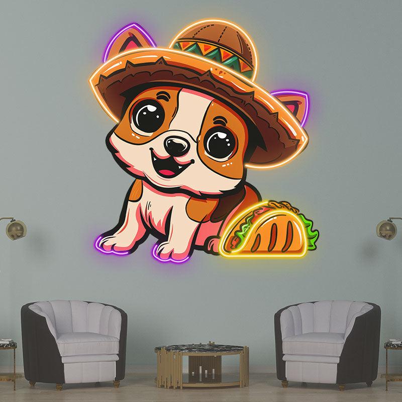 Cute Puppy Neon signs Lights - LED Lights with Hat Smile Next to Burger Design, Creative Home Decor, Perfect Party Vibe