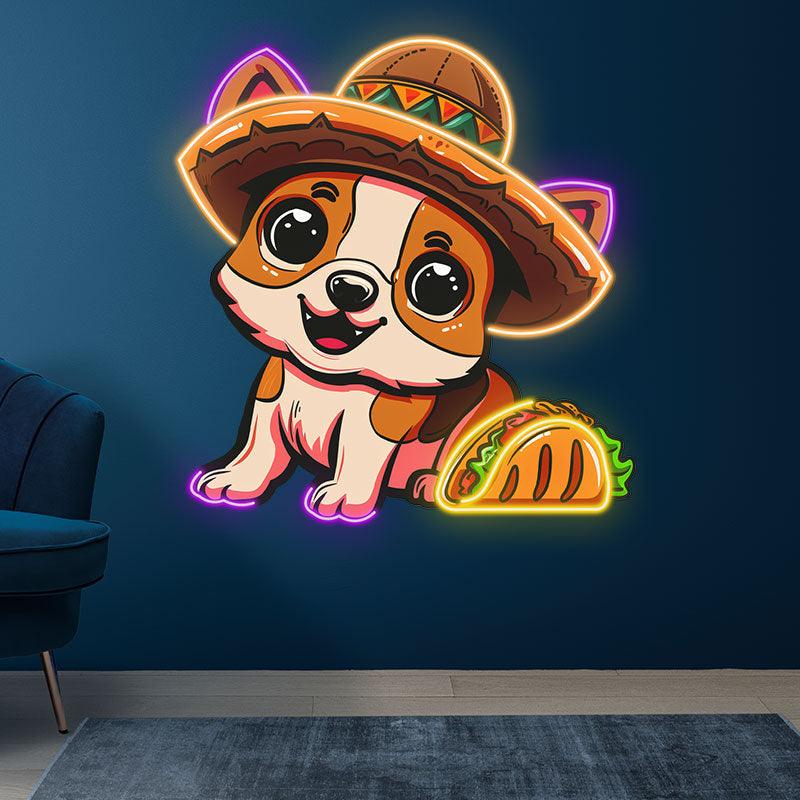 Cute Puppy Neon signs Lights - LED Lights with Hat Smile Next to Burger Design, Creative Home Decor, Perfect Party Vibe