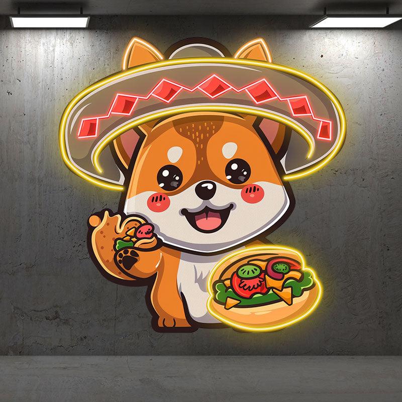 Cute Puppy Neon signs Lights - LED Lights, Head with Swimming Ring and Hand with Pizza, Funny Home Decoration, Perfect Party Vibe