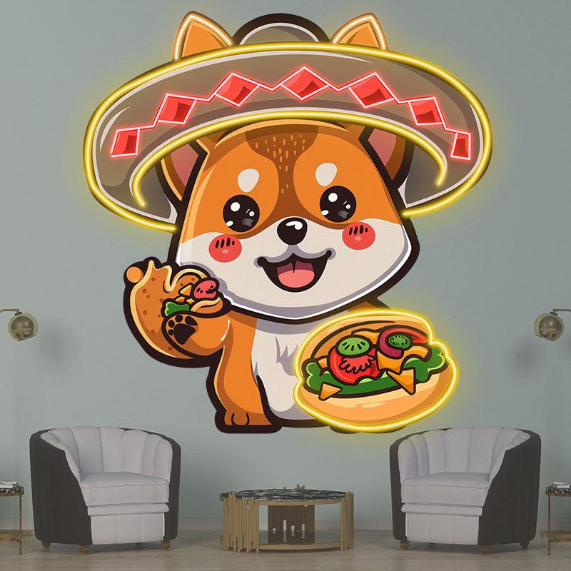 Cute Puppy Neon signs Lights - LED Lights, Head with Swimming Ring and Hand with Pizza, Funny Home Decoration, Perfect Party Vibe