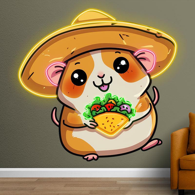 Cute Little Mouse Neon signs Lights - LED Lights with Big Hat and Pizza in Hand, Funny Home Decor, Perfect Party Vibe