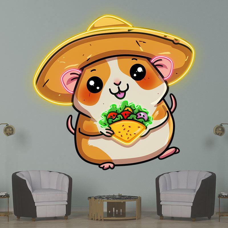Cute Little Mouse Neon signs Lights - LED Lights with Big Hat and Pizza in Hand, Funny Home Decor, Perfect Party Vibe