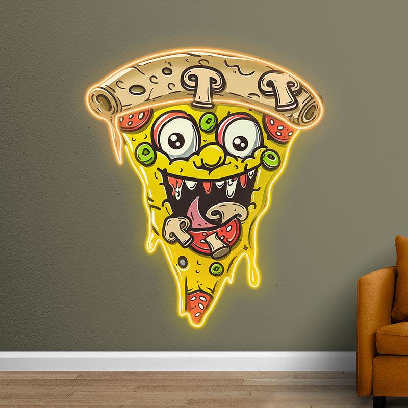 Wacky Smiley Pizza Neon signs Lights - LED light fixtures with open mouth laughing, sprinkled with fresh veggies and salad, creative home decor, perfect party atmosphere!