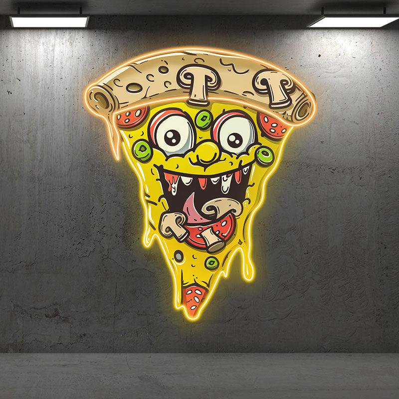 Wacky Smiley Pizza Neon signs Lights - LED light fixtures with open mouth laughing, sprinkled with fresh veggies and salad, creative home decor, perfect party atmosphere!