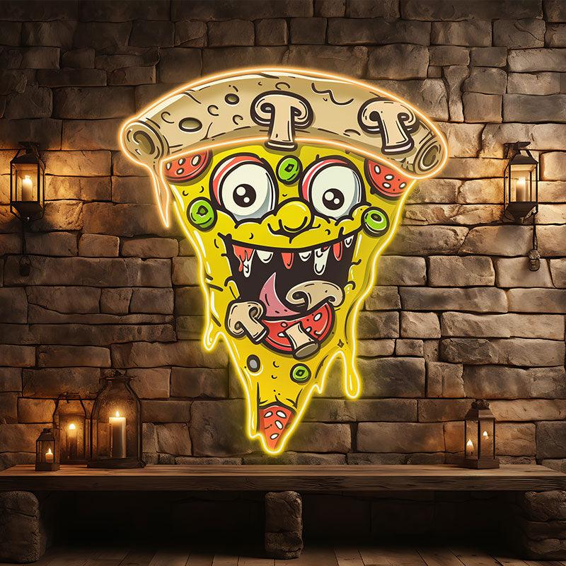 Wacky Smiley Pizza Neon signs Lights - LED light fixtures with open mouth laughing, sprinkled with fresh veggies and salad, creative home decor, perfect party atmosphere!