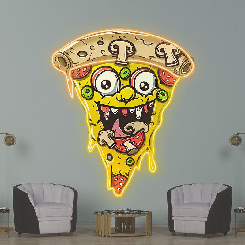 Wacky Smiley Pizza Neon signs Lights - LED light fixtures with open mouth laughing, sprinkled with fresh veggies and salad, creative home decor, perfect party atmosphere!