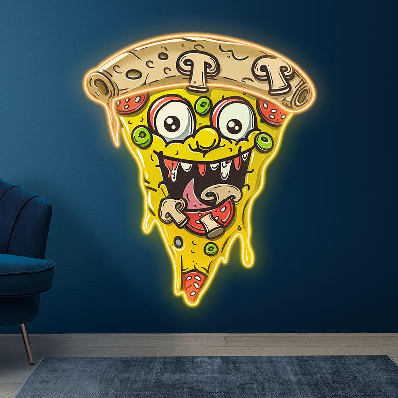 Wacky Smiley Pizza Neon signs Lights - LED light fixtures with open mouth laughing, sprinkled with fresh veggies and salad, creative home decor, perfect party atmosphere!