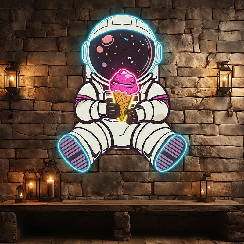 Spaceman Neon signs Lights - LED Lighting, sitting hand holding ice cream, helmet starry night design, creative home decor, perfect gifts