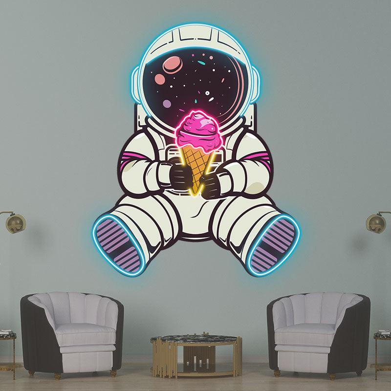 Spaceman Neon signs Lights - LED Lighting, sitting hand holding ice cream, helmet starry night design, creative home decor, perfect gifts