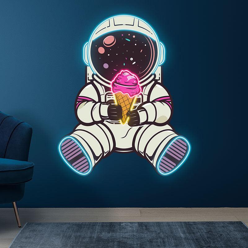 Spaceman Neon signs Lights - LED Lighting, sitting hand holding ice cream, helmet starry night design, creative home decor, perfect gifts