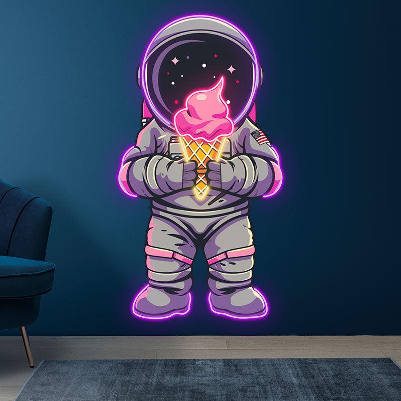 Purple Spaceman Neon signs Lights - LED Lights with Big Ice Cream in Hand, Creative Home Decor, Perfect Party Vibe