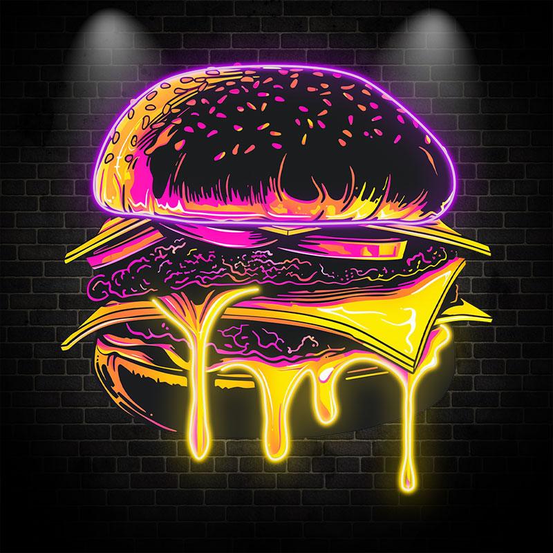Sandwich Steak Vegetable Big Burger Neon signs - LED Light Fixture, Sprinkled Sesame Seeds, Flowing Spiced Juice, Purple Strip Light, Creative Home Decor