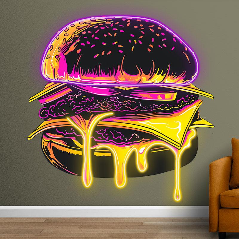 Sandwich Steak Vegetable Big Burger Neon signs - LED Light Fixture, Sprinkled Sesame Seeds, Flowing Spiced Juice, Purple Strip Light, Creative Home Decor