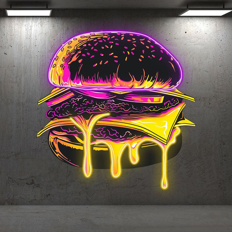 Sandwich Steak Vegetable Big Burger Neon signs - LED Light Fixture, Sprinkled Sesame Seeds, Flowing Spiced Juice, Purple Strip Light, Creative Home Decor