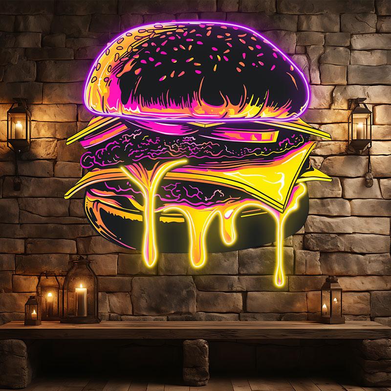 Sandwich Steak Vegetable Big Burger Neon signs - LED Light Fixture, Sprinkled Sesame Seeds, Flowing Spiced Juice, Purple Strip Light, Creative Home Decor