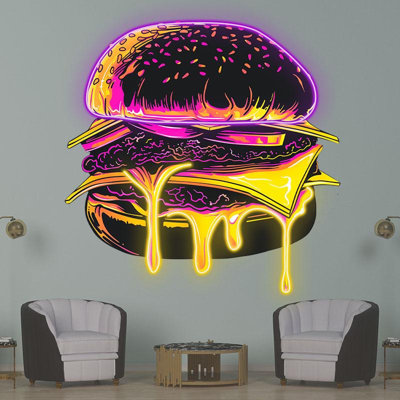 Sandwich Steak Vegetable Big Burger Neon signs - LED Light Fixture, Sprinkled Sesame Seeds, Flowing Spiced Juice, Purple Strip Light, Creative Home Decor