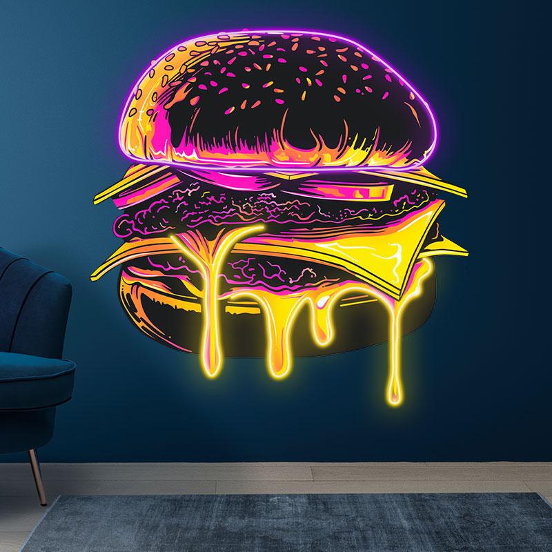 Sandwich Steak Vegetable Big Burger Neon signs - LED Light Fixture, Sprinkled Sesame Seeds, Flowing Spiced Juice, Purple Strip Light, Creative Home Decor