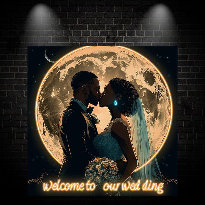 Romantic Wedding Neon signs| Bride and Groom Kissing Scene | Giant Moon Background Decoration | LED Lighting Blessing