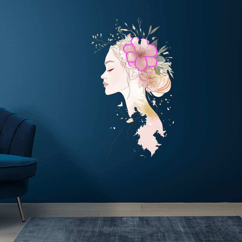 Fashion European and American Beauty Sketch Neon signs Lights - Side Face Head Portrait with Big Bouquet of Flowers on Head Decorative LED Lights, Personalized Home and Creative Space Lighting