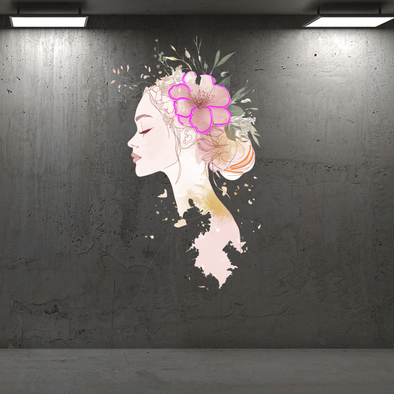 Fashion European and American Beauty Sketch Neon signs Lights - Side Face Head Portrait with Big Bouquet of Flowers on Head Decorative LED Lights, Personalized Home and Creative Space Lighting