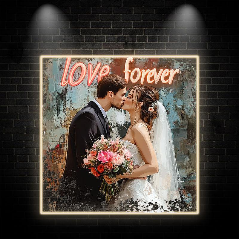 Square Photo Frame Neon signs | Bride & Groom Kissing | Bridal Bouquet | Oil Painting Art Background | LED Wedding Decoration