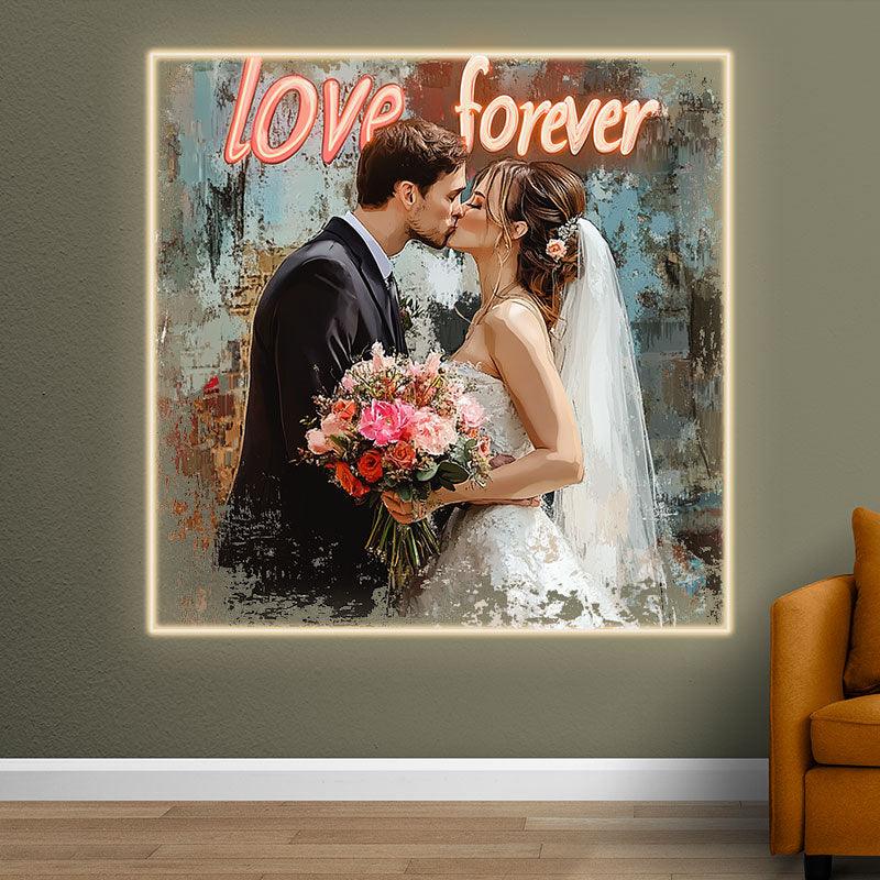 Square Photo Frame Neon signs | Bride & Groom Kissing | Bridal Bouquet | Oil Painting Art Background | LED Wedding Decoration