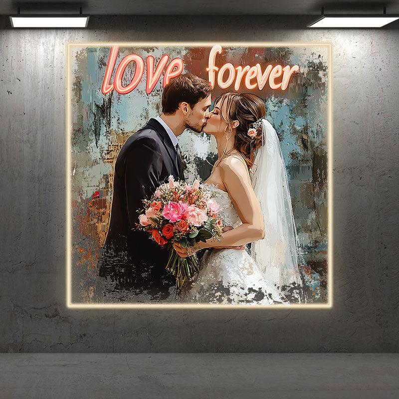 Square Photo Frame Neon signs | Bride & Groom Kissing | Bridal Bouquet | Oil Painting Art Background | LED Wedding Decoration