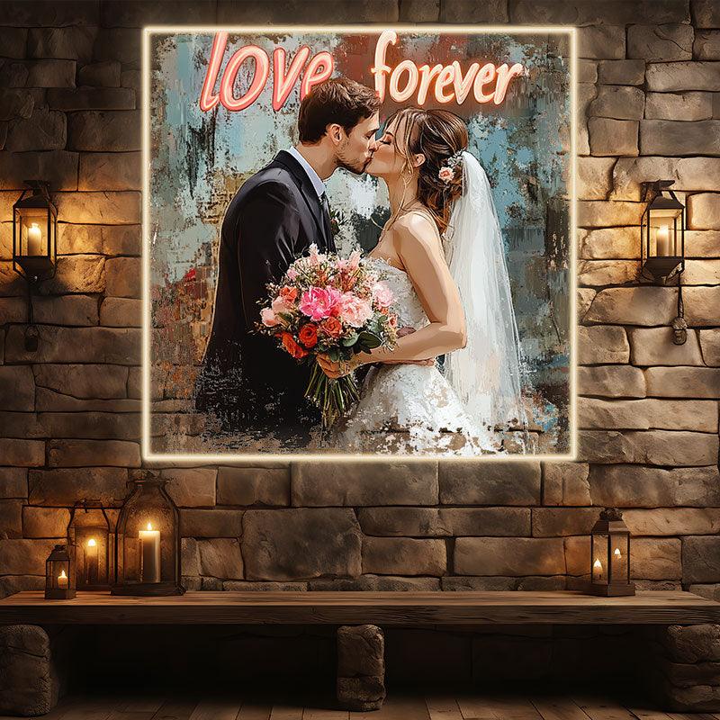 Square Photo Frame Neon signs | Bride & Groom Kissing | Bridal Bouquet | Oil Painting Art Background | LED Wedding Decoration