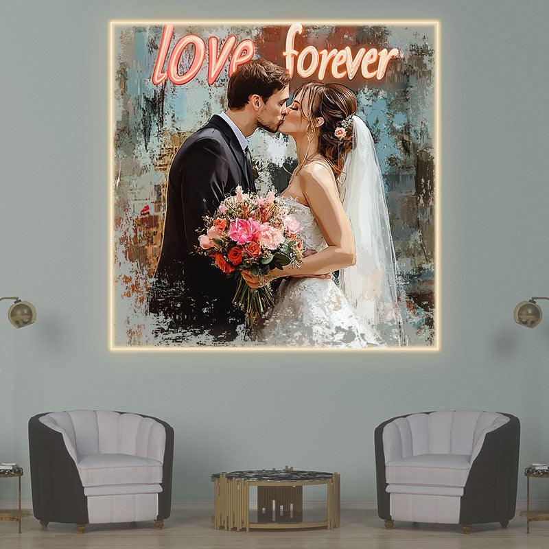 Square Photo Frame Neon signs | Bride & Groom Kissing | Bridal Bouquet | Oil Painting Art Background | LED Wedding Decoration