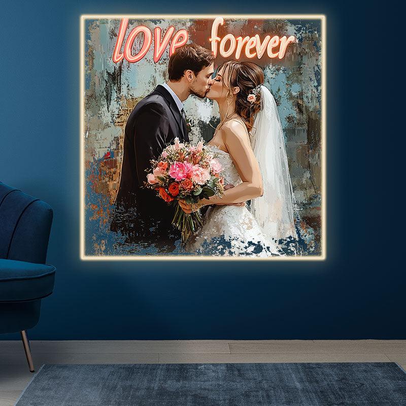 Square Photo Frame Neon signs | Bride & Groom Kissing | Bridal Bouquet | Oil Painting Art Background | LED Wedding Decoration
