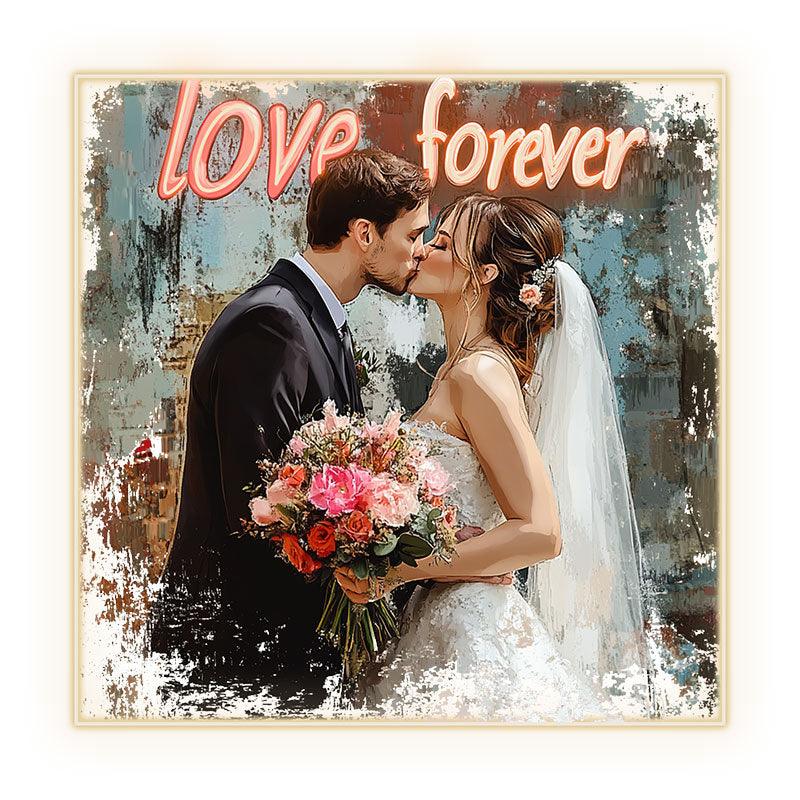 Square Photo Frame Neon signs | Bride & Groom Kissing | Bridal Bouquet | Oil Painting Art Background | LED Wedding Decoration