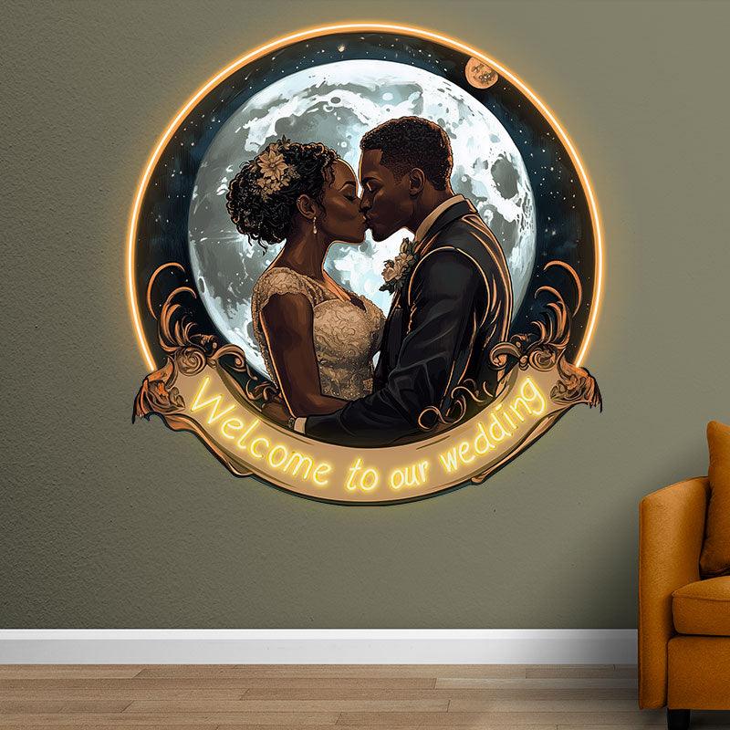 Golden Round Photo Frame Neon signs | Bride And Groom Kissing Wedding Blessing | Giant Moon Background Decoration | LED Lighting Art