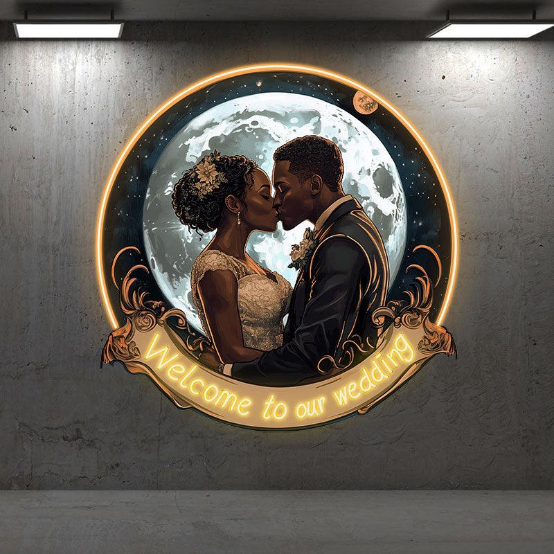 Golden Round Photo Frame Neon signs | Bride And Groom Kissing Wedding Blessing | Giant Moon Background Decoration | LED Lighting Art