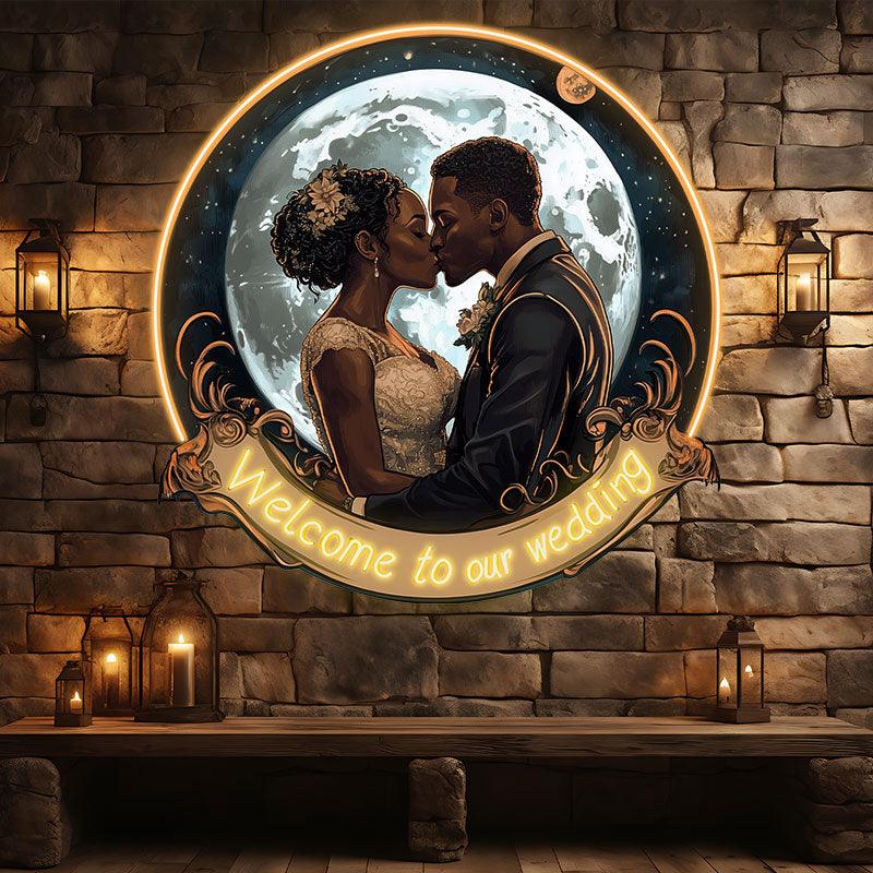 Golden Round Photo Frame Neon signs | Bride And Groom Kissing Wedding Blessing | Giant Moon Background Decoration | LED Lighting Art